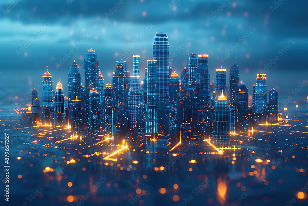 Fototapeta premium Futuristic city, silhouette logo in the wireframe style on a dark blue background