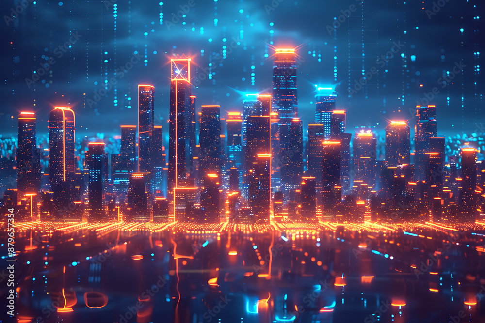 Fototapeta premium Futuristic city, silhouette logo in the wireframe style on a dark blue background