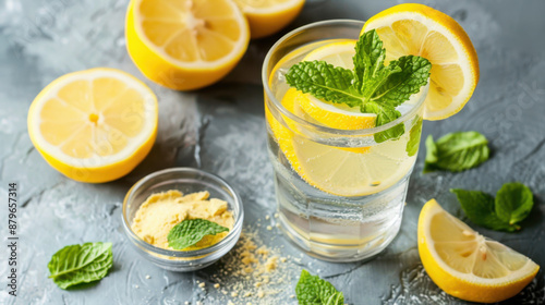 Refreshing Lemon Water with Fresh Mint and Lemon Slices on a Rustic Grey Surface © M