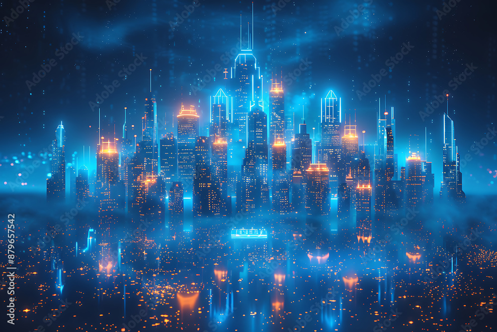 Fototapeta premium Futuristic city, silhouette logo in the wireframe style on a dark blue background