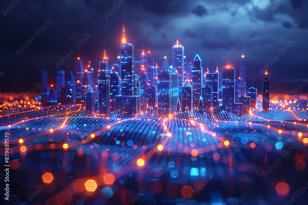 Obraz premium Futuristic city, silhouette logo in the wireframe style on a dark blue background