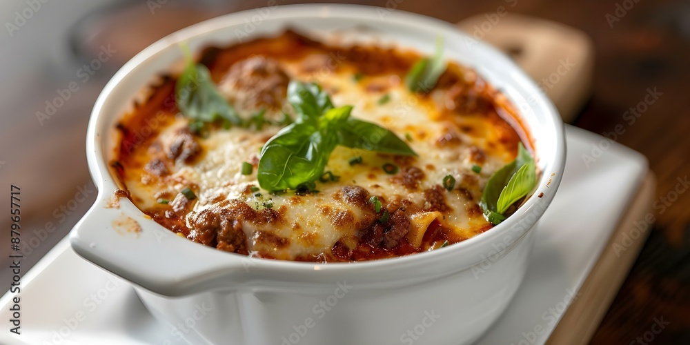Closeup of lasagna soup in a white ceramic bowl. Concept Food Photography, Comfort Food, Italian Cuisine, Close-up Shots, Ceramic Tableware Closeup of lasagna soup in a white ceramic bowl. Concept Food Photography, Comfort Food, Italian Cuisine, Close-up Shots, Ceramic Tableware
