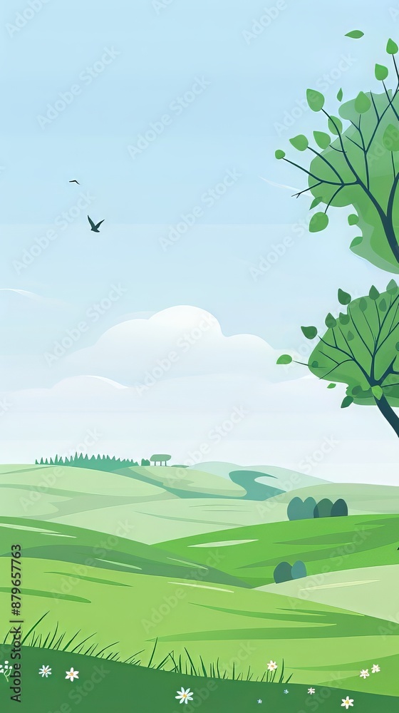 Obraz premium Serene Countryside Landscape with Rolling Green Hills and a Tree