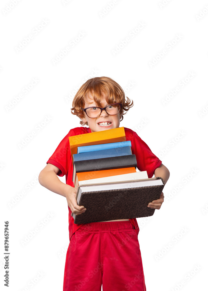 boy with many books. Overwhelmed by the learning concept isolated on free png background. boy with many books. Overwhelmed by the learning concept isolated on free png background.