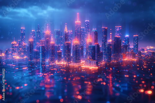 Wallpaper Mural Futuristic city, silhouette logo in the wireframe style on a dark blue background Torontodigital.ca