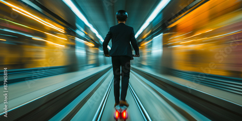 Ein Hochgeschwindigkeitsfoto eines Geschäftsmannes der auf seinem E-Scooter