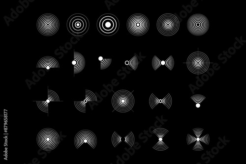 Radio station signal. Pain circle. Radar screen concentric circles elements. Radar vector icons. Signal concentric circles. Sound wave background radio station signal. Sonar sound waves. Vector .