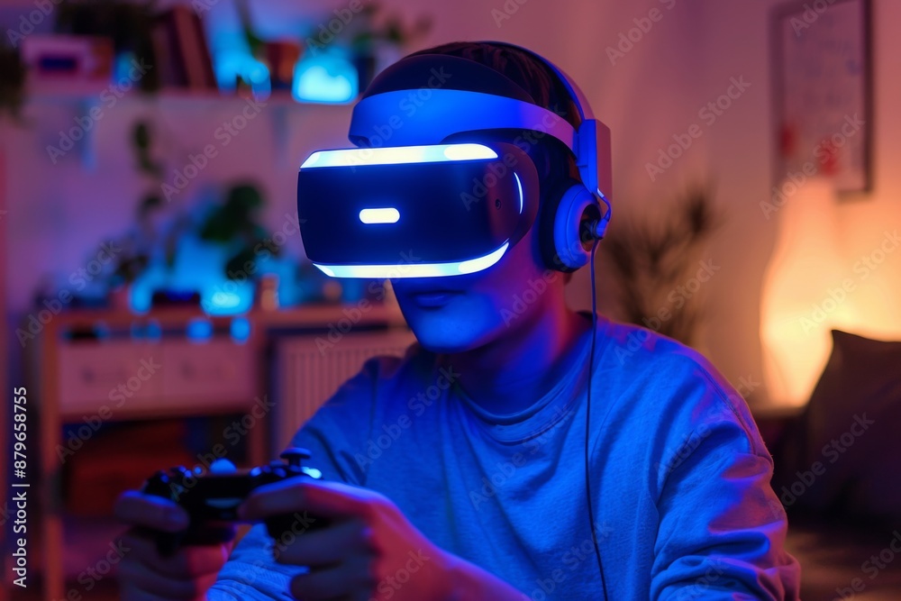 A man is playing a video game with a VR headset on. The room is dimly lit and has a blue and purple color scheme A man is playing a video game with a VR headset on. The room is dimly lit and has a blue and purple color scheme