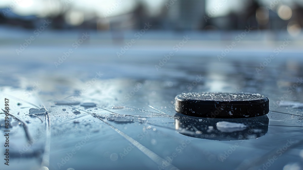 A single hockey puck resting on an outdoor ice rink surface, capturing the essence of the sport and the cold, wintry environment surrounding it, creating a still moment. A single hockey puck resting on an outdoor ice rink surface, capturing the essence of the sport and the cold, wintry environment surrounding it, creating a still moment.