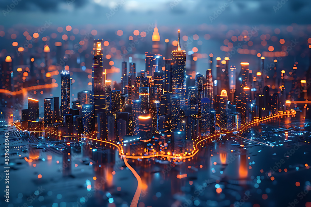 Futuristic city, silhouette logo in the wireframe style on a dark blue background Futuristic city, silhouette logo in the wireframe style on a dark blue background
