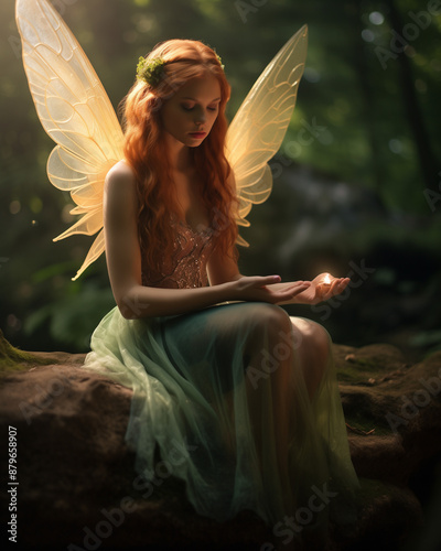 Beautiful red-haired fairy in a green dress sitting in a tree with a light in her hand