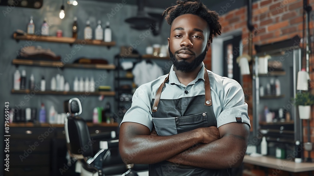Obraz premium African American barber in working apron is leaning on barber chair : Generative AI