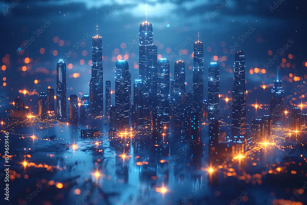 Futuristic city, silhouette logo in the wireframe style on a dark blue background