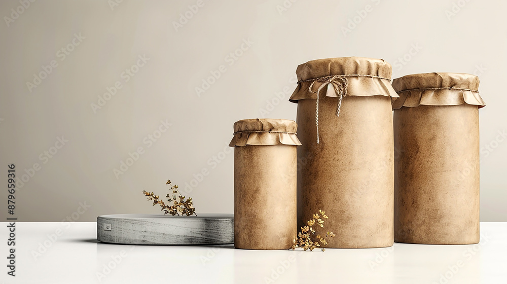 wide advertising packaging mockup, sustainable product package label mockup background, image with blank brown color label for jar and lid covered with paper wide advertising packaging mockup, sustainable product package label mockup background, image with blank brown color label for jar and lid covered with paper