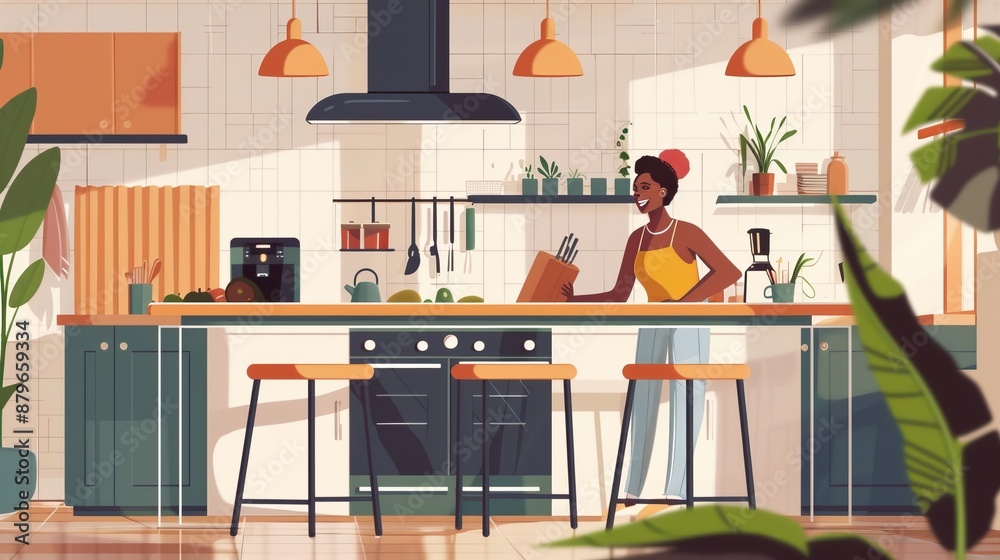 A vibrant vector-style illustration of a smiling woman cooking in a cheerful and well-organized kitchen, embodying joy, warmth, and the art of home cooking. A vibrant vector-style illustration of a smiling woman cooking in a cheerful and well-organized kitchen, embodying joy, warmth, and the art of home cooking.