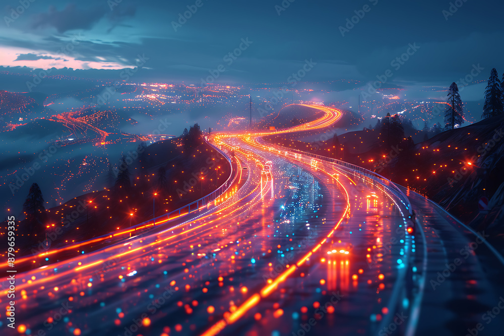 Futuristic highway with cars, silhouette logo in the wireframe style on a dark blue background