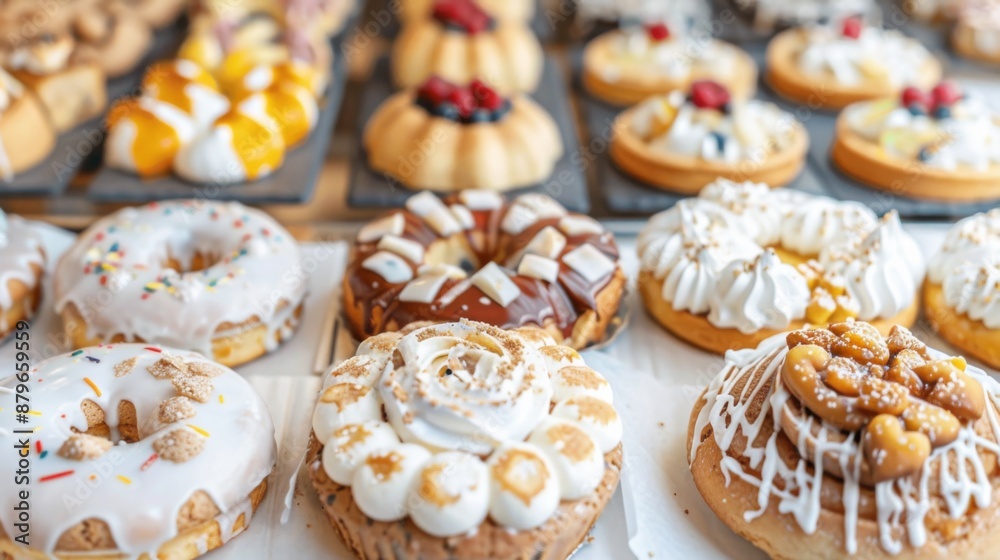 A row of donuts with various toppings and flavors. Concept of abundance and variety, with a wide selection of donuts to choose from A row of donuts with various toppings and flavors. Concept of abundance and variety, with a wide selection of donuts to choose from
