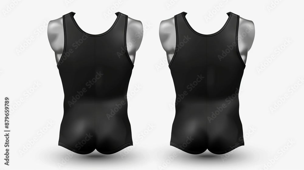 Two identical black swimsuits shown from the back on a plain grey background, emphasizing the simplistic yet contemporary design suitable for various swim-related activities. Two identical black swimsuits shown from the back on a plain grey background, emphasizing the simplistic yet contemporary design suitable for various swim-related activities.