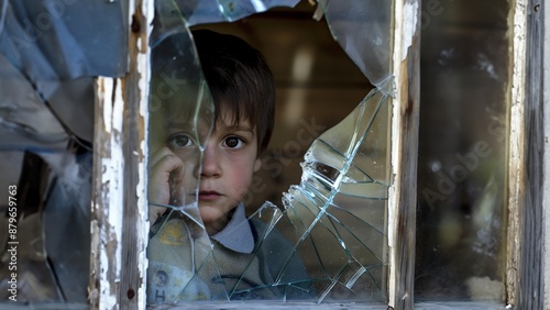 Ein Kind schaut durch ein zerbrochenes Fenster, das zerbrochen war photo