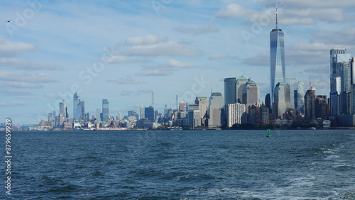 The New York manhattan view from the ferry boat in the sunny day