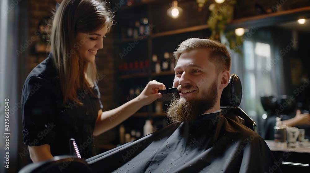 Young long haired female barber gently makes undercut hairstyle using scissors and comb bearded happy man in Salon Chair Modern blackstyle barber shop Hair Care service local small bus : Generative AI Young long haired female barber gently makes undercut hairstyle using scissors and comb bearded happy man in Salon Chair Modern blackstyle barber shop Hair Care service local small bus : Generative AI