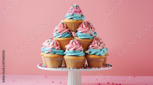 ðŸ§ A beautiful image of a pink and blue frosted cupcake tower. photo