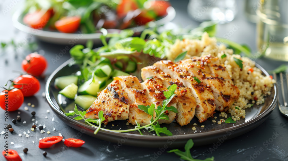 Grilled chicken breast with quinoa salad, cucumbers, cherry tomatoes, and mixed greens on a black plate Grilled chicken breast with quinoa salad, cucumbers, cherry tomatoes, and mixed greens on a black plate