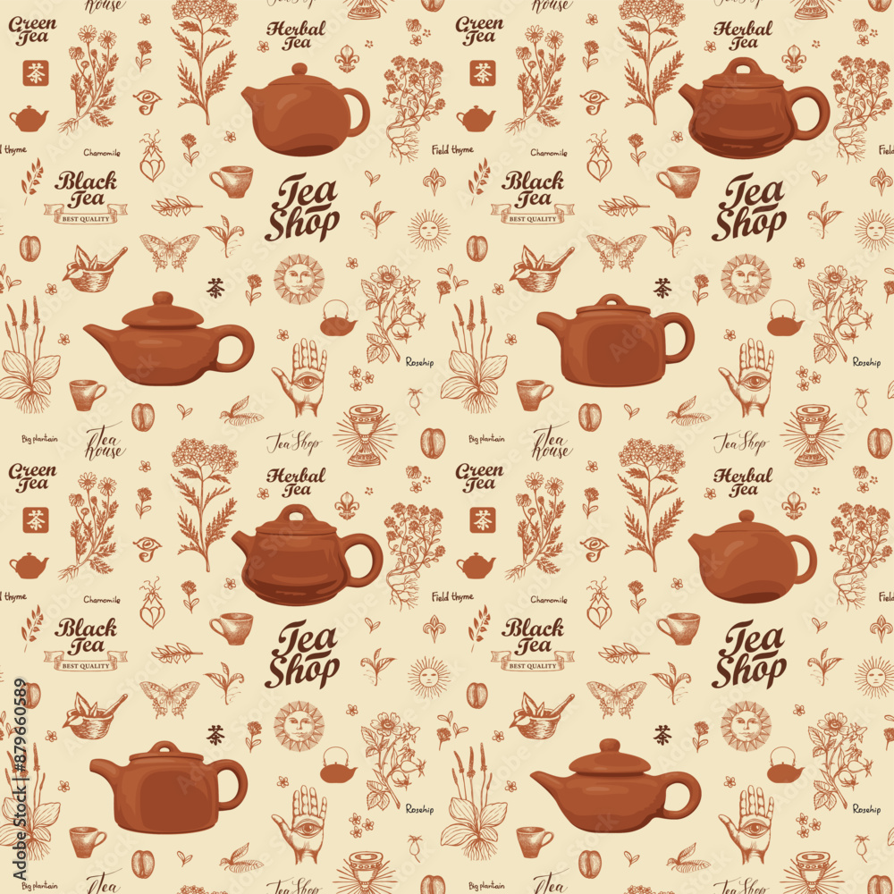 Vector seamless pattern with clay teapots, hand-drawn herbs and inscriptions. Abstract background on tea theme in retro style. Suitable for wallpaper, wrapping paper, fabric. Chinese hieroglyph Tea Vector seamless pattern with clay teapots, hand-drawn herbs and inscriptions. Abstract background on tea theme in retro style. Suitable for wallpaper, wrapping paper, fabric. Chinese hieroglyph Tea