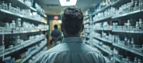 Man in a pharmacy aisle looking at medications