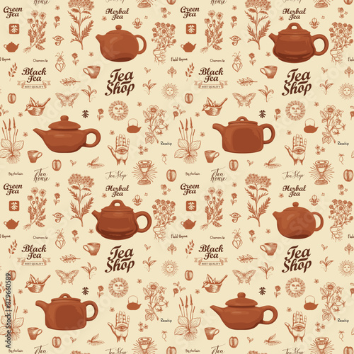 Vector seamless pattern with clay teapots, hand-drawn herbs and inscriptions. Abstract background on tea theme in retro style. Suitable for wallpaper, wrapping paper, fabric. Chinese hieroglyph Tea