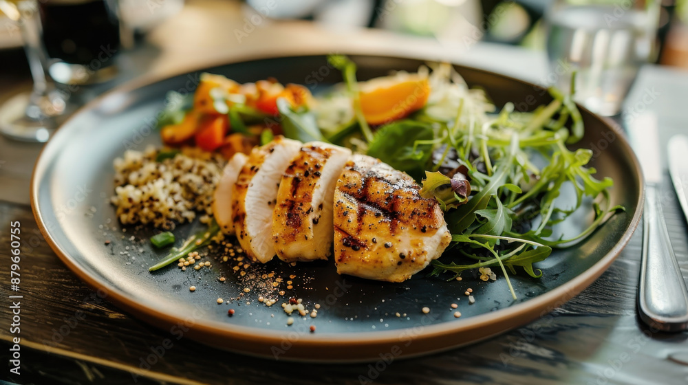 Grilled chicken breast with quinoa salad and mixed greens on a black plate Grilled chicken breast with quinoa salad and mixed greens on a black plate