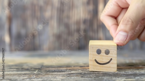 Customer Experience Concept The best rating Hand holding smile face or happy face on wooden cube block : Generative AI