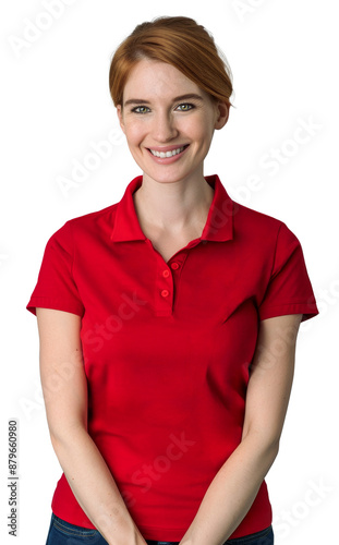 Young Caucasian woman with red hair, wearing a red uniform, smiling warmly