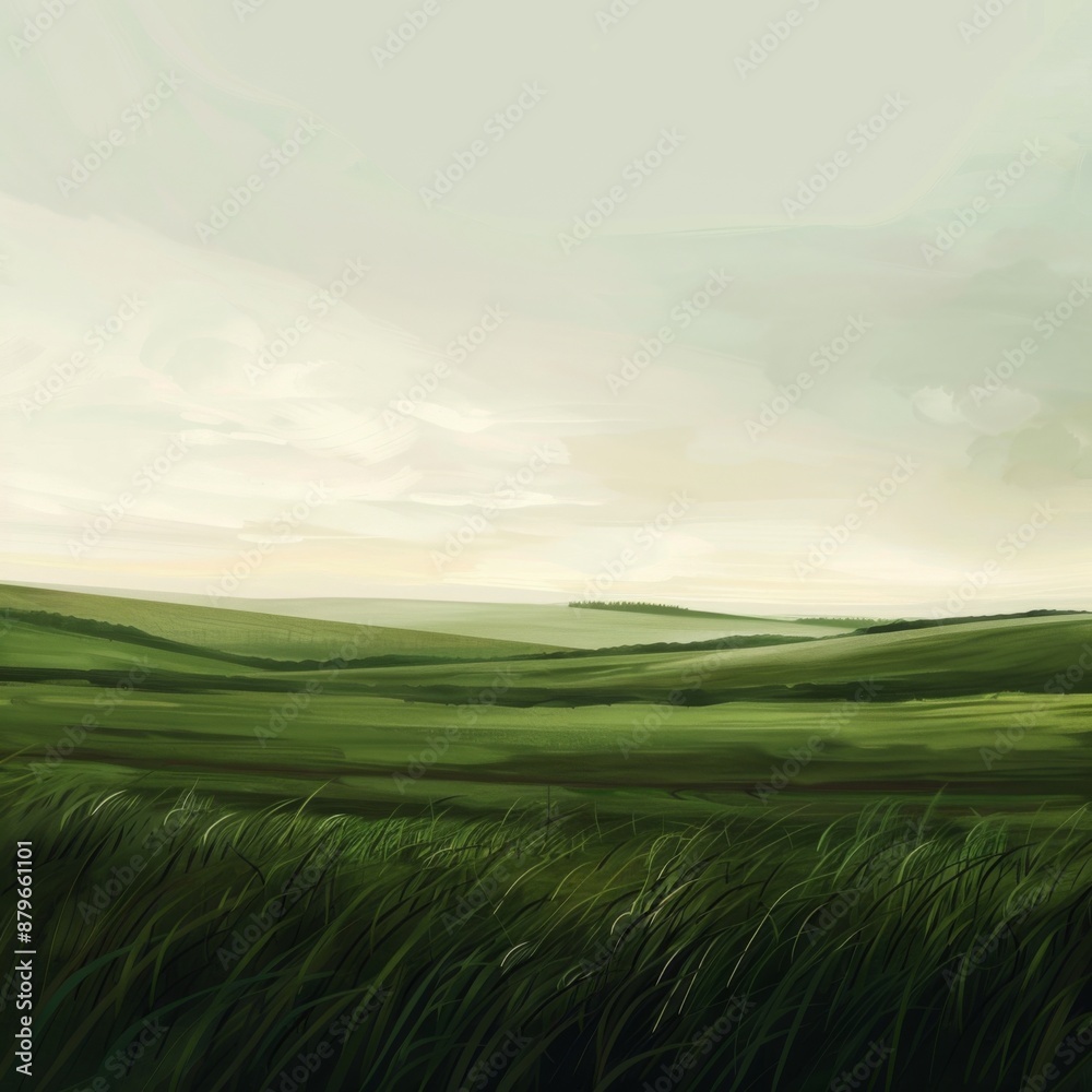 A painting of a grassy field with a cloudy sky. The mood of the painting is peaceful and serene A painting of a grassy field with a cloudy sky. The mood of the painting is peaceful and serene