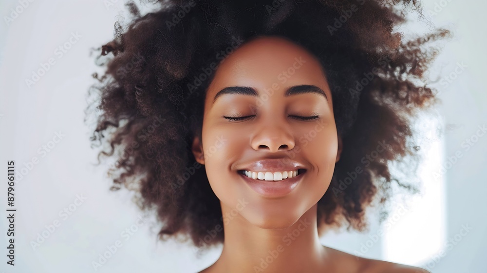 Woman natural hair and curly hairstyle in studio with smile and face glow Portrait of African person with healthy curls and growth as benefits or results of shampoo or cosmetics on whi : Generative AI Woman natural hair and curly hairstyle in studio with smile and face glow Portrait of African person with healthy curls and growth as benefits or results of shampoo or cosmetics on whi : Generative AI