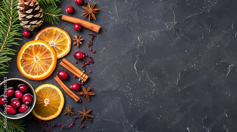 Christmas spices with oranges, cranberries, and cinnamon on dark background, creating a warm and festive holiday setting. Christmas spices with oranges, cranberries, and cinnamon on dark background, creating a warm and festive holiday setting.
