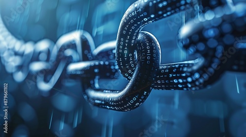 An image showing a close-up of digital chain links symbolizing blockchain integration, with binary code and a futuristic design to represent modern encryption and technology.