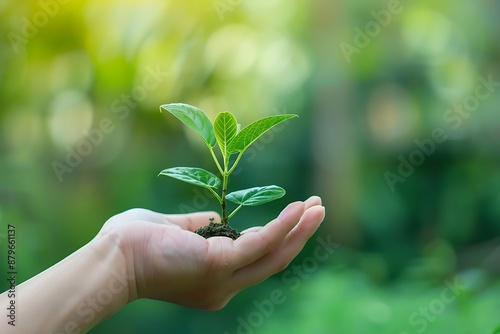 Hand Holding a Small Green Plant with a Blurred Green Background Photo