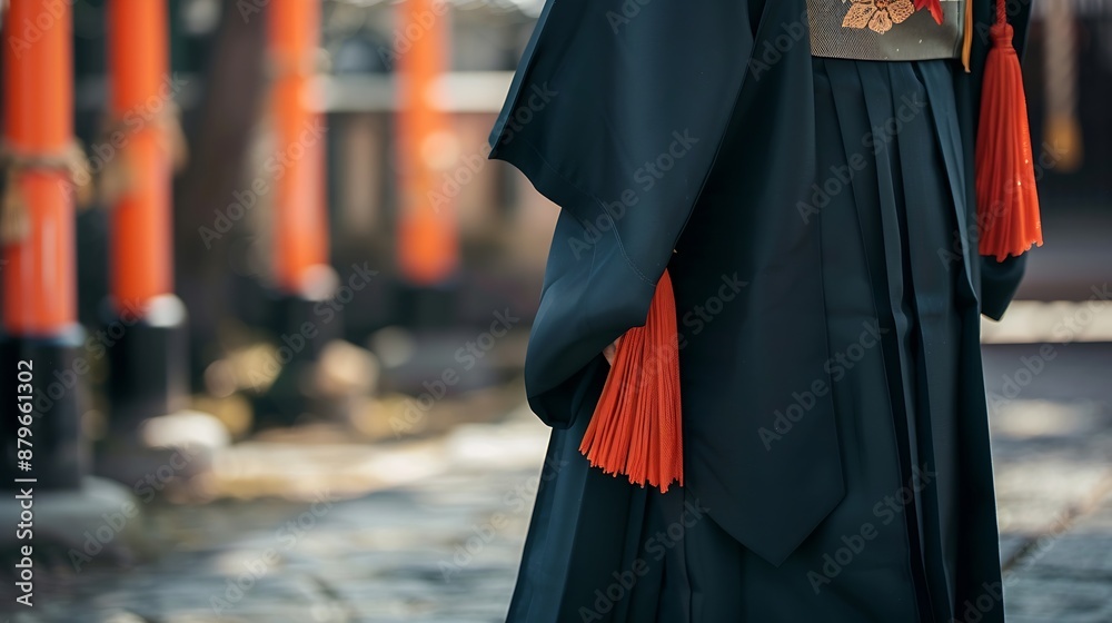 Fototapeta premium College student wearing a hakama at the graduation ceremony Hakama is traditional Japanese clothes : Generative AI