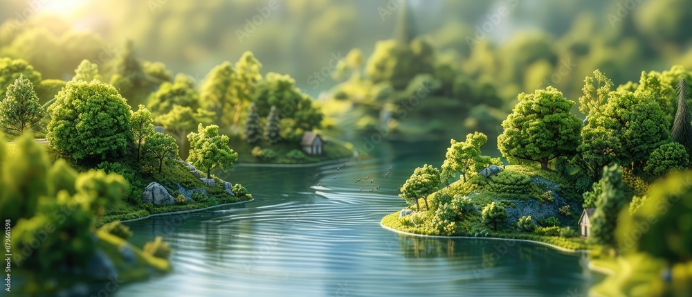 lake surrounded by lush green trees and foliage, with a misty fog rising from the water, reflecting the vibrant colors of the sky and surroundings lake surrounded by lush green trees and foliage, with a misty fog rising from the water, reflecting the vibrant colors of the sky and surroundings