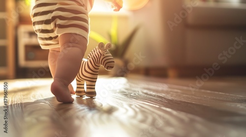 baby kid toddler feet legs carrying a eco wooden zebra shape toy on floornatural sun light home interior : Generative AI photo