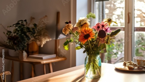 A vase of flowers on a wooden table next to a book and plant on a side table.