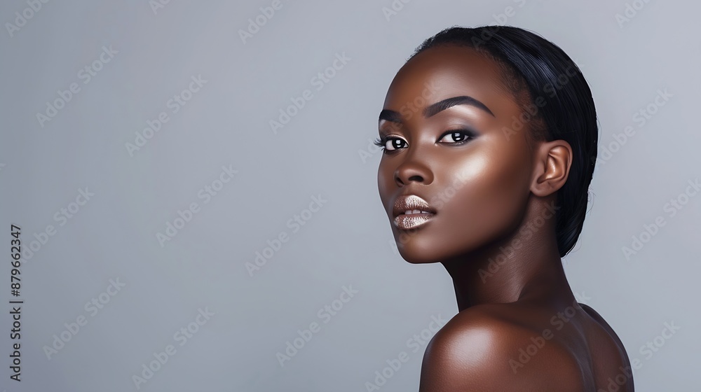 Face beauty and satisfaction with a model black woman in studio on a gray background to promote natural skincare Facial wellness and makeup with an attractive young female happy with c : Generative AI Face beauty and satisfaction with a model black woman in studio on a gray background to promote natural skincare Facial wellness and makeup with an attractive young female happy with c : Generative AI