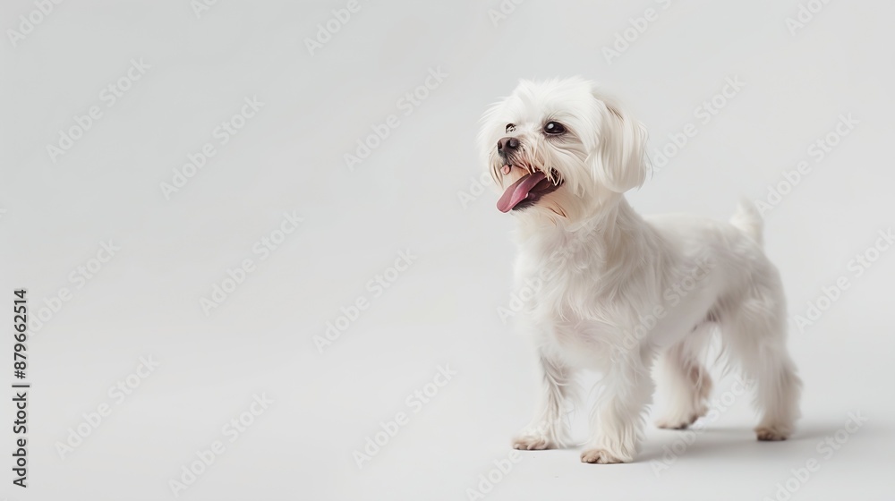 Adorable white maltese dog standing on a white background sticking out its tongue and panting after playtime : Generative AI Adorable white maltese dog standing on a white background sticking out its tongue and panting after playtime : Generative AI