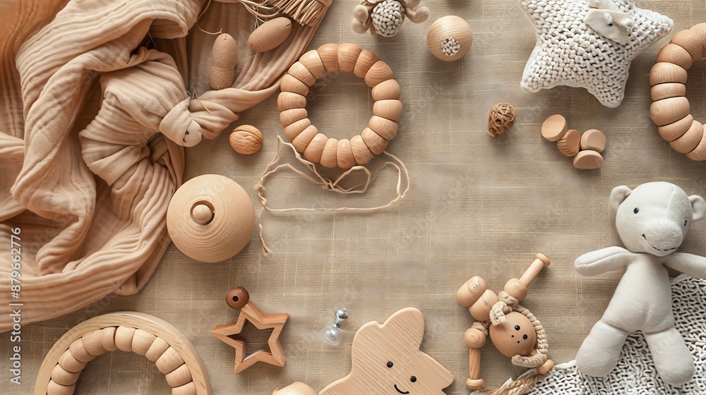 Eco friendly natural wooden baby toys Flat lay top view baby toys online shop online store concept with copy space : Generative AI Eco friendly natural wooden baby toys Flat lay top view baby toys online shop online store concept with copy space : Generative AI