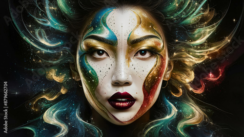 Colorful Abstract Face Painting of Woman with Cosmic Elements