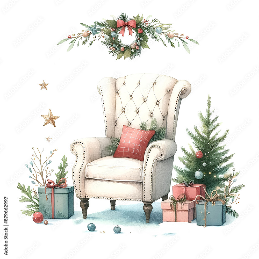 Watercolor painting of chair christmas theme on white background Watercolor painting of chair christmas theme on white background