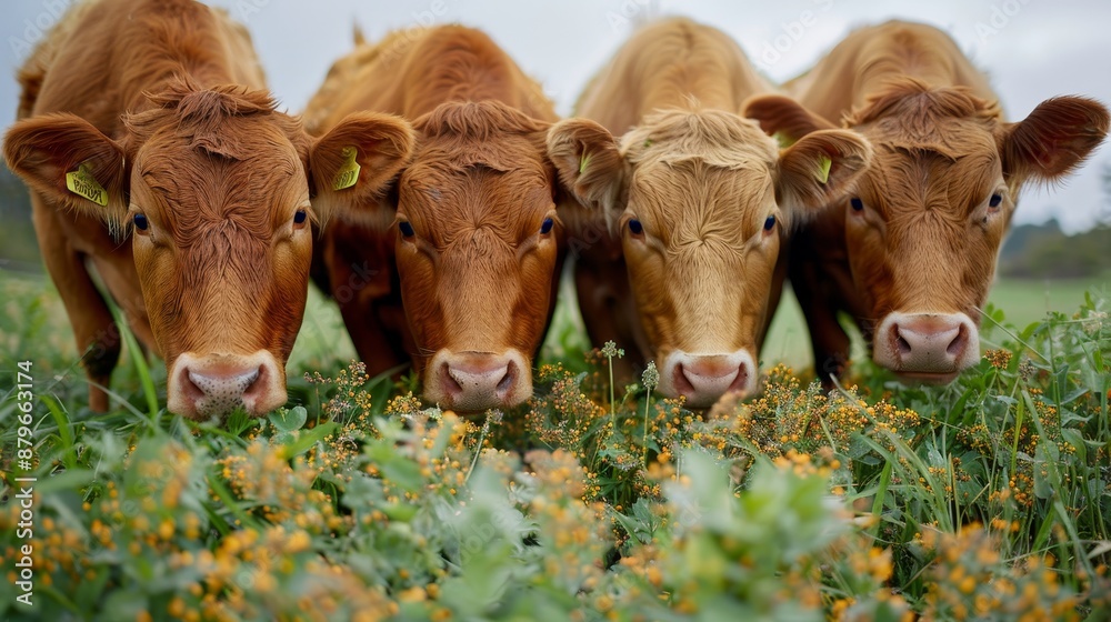 Livestock feeding on a nutrient-dense mix of distillers grains, clover, oats, and food waste protein, hyper realistic, sustainable nutrition Livestock feeding on a nutrient-dense mix of distillers grains, clover, oats, and food waste protein, hyper realistic, sustainable nutrition