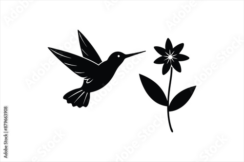 a minimalist Hummingbird Hovering Near Flowers silhouette black vector art illustration 