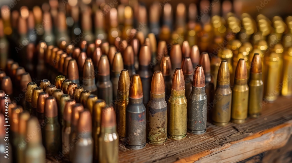 Variety of Handgun Bullets Arranged Neatly on Wooden Surface Variety of Handgun Bullets Arranged Neatly on Wooden Surface